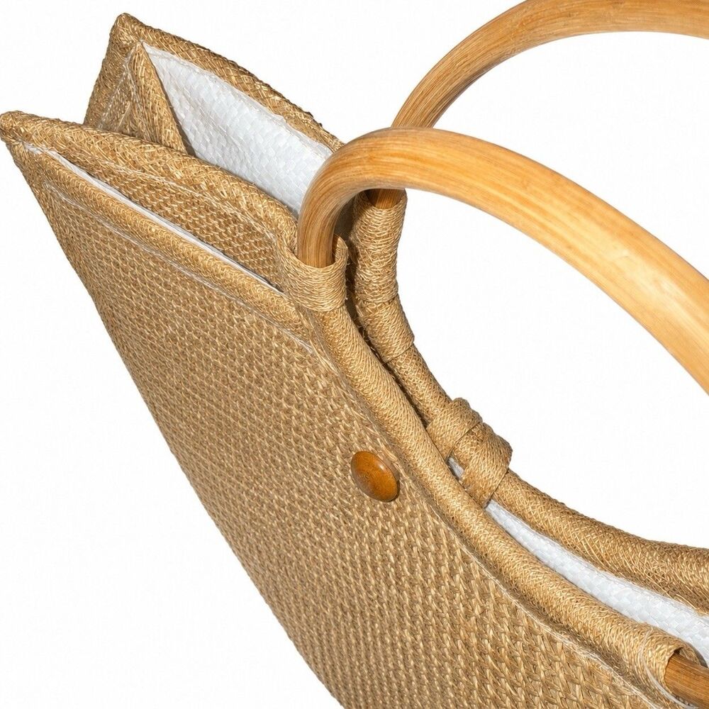 Floral Embroidered Woven Straw Handbag Wooden Handles Boho Cottagecore - Picture 4 of 6